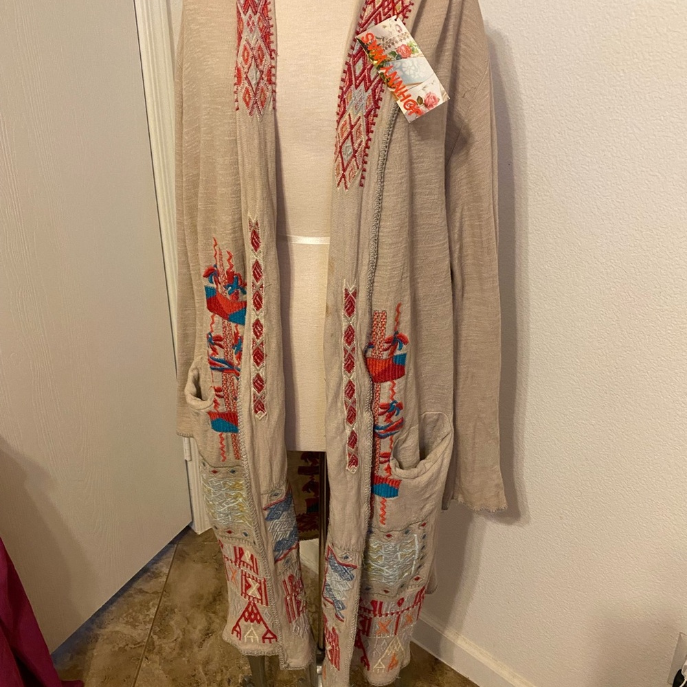Johnny Was Beige Hooded duster Embroidered.